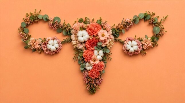 Female reproductive system shaped from flowers on pastel background