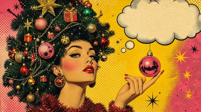 Pop art christmas woman with blank comic speech bubble
