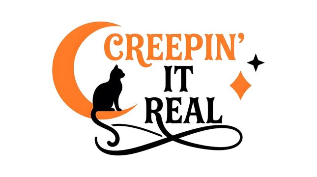 A festive halloween design featuring a black cat sitting on an orange crescent moon with the playful text creepin it real in stylish