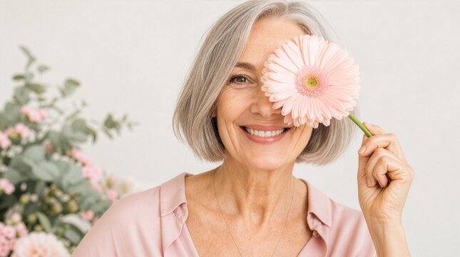 Smiling senior woman covering eye with pink gerbera flower