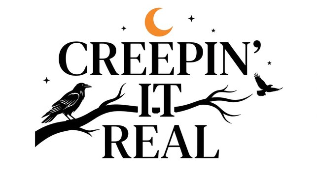A festive halloween design featuring the text creepin it real with a crescent moon stars a black raven and a spooky tree silhouette