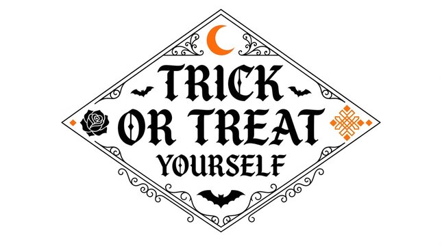 A decorative vintage style diamond shaped emblem featuring the text trick or treat yourself with moon stars and bat illustrations for festive halloween
