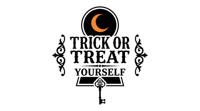 A vintage style halloween graphic design featuring the text trick or treat yourself with a crescent moon and a skeleton key on white