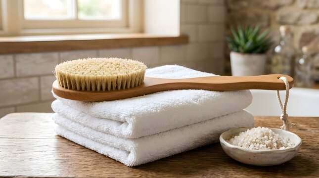 Wooden bath brush resting upon clean white cotton towels next to small bowl filled with natural sea salt grains spa