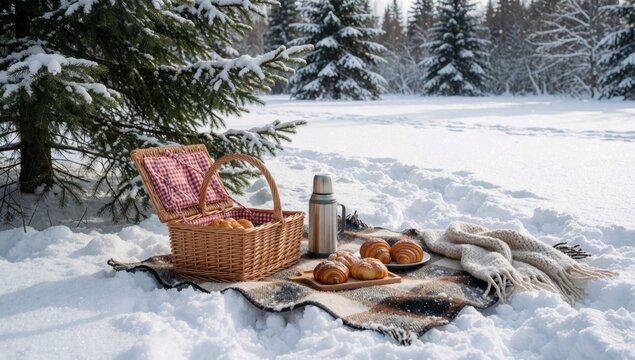 Picnic snowy forest there wicker basket red white checkered cloth left side next stainless steel thermos flask