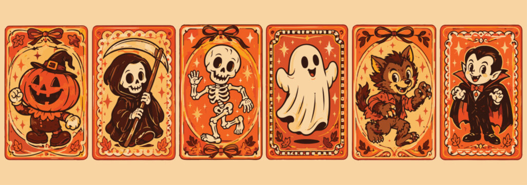 Vintage Halloween Character Banner with Cute Spooky Retro Cartoon Panels