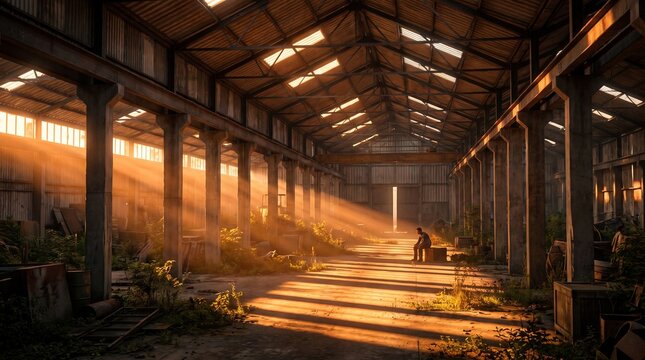 Abandoned industrial warehouse with golden sunbeams, derelict factory interior with light rays, old rustic hangar ruins
