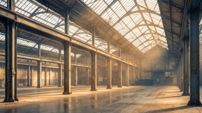 Industrial warehouse interior with steel beams, empty factory hall with glass ceiling, sunlit old workshop space