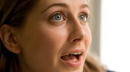 Fototapeta premium Surprised person with wide eyes and an open mouth showing astonishment in a revealing portrait capturing an unexpected reaction and a sense of wonder through facial expression and human communication.