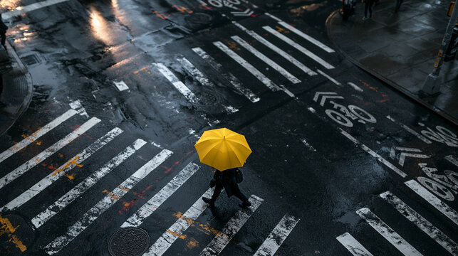 Pedestrian with Yellow Umbrella Crossing Wet City Street in Rain