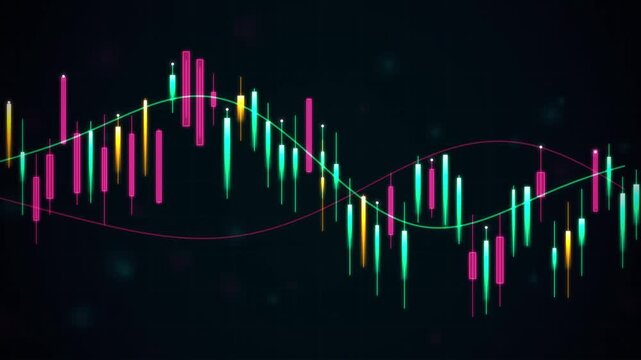 Abstract financial trading chart with candlestick patterns and glowing trend lines, representing market analysis, stock exchange data, and digital investment growth visualization