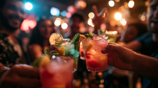 Friends Toasting with Colorful Cocktails at Nightclub Party