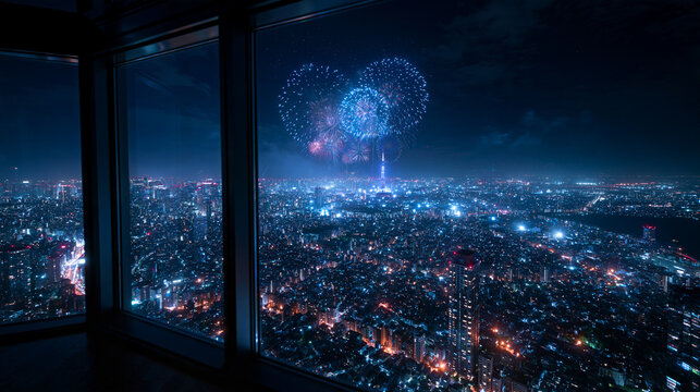 Fireworks Exploding over Modern City Skyline at Night