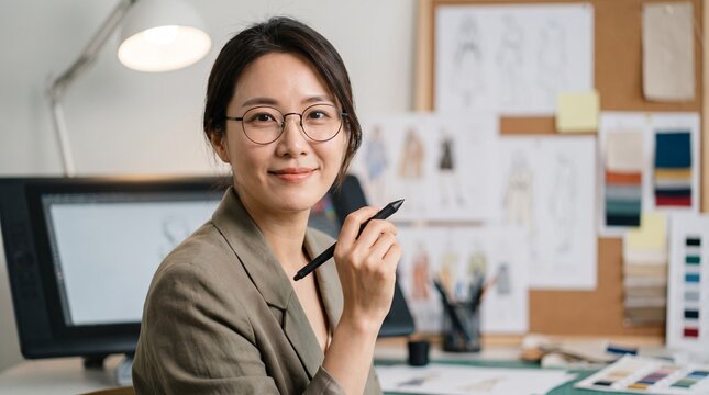 Portrait of a smiling female fashion designer holding a stylus at her desk in a creative studio with digital tablet and sketches