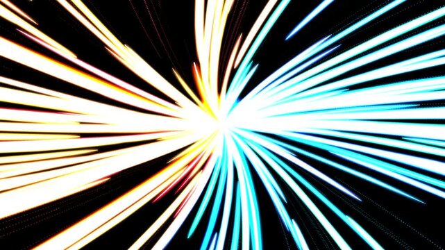Abstract light speed effect with glowing orange and blue streaks radiating from the center, creating a dynamic warp drive or hyperspace travel visualization