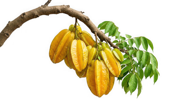 Fresh star fruit hanging on tree branch with green leaves