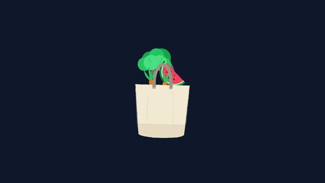 Minimalist shopping tote bag with fresh groceries on dark background
