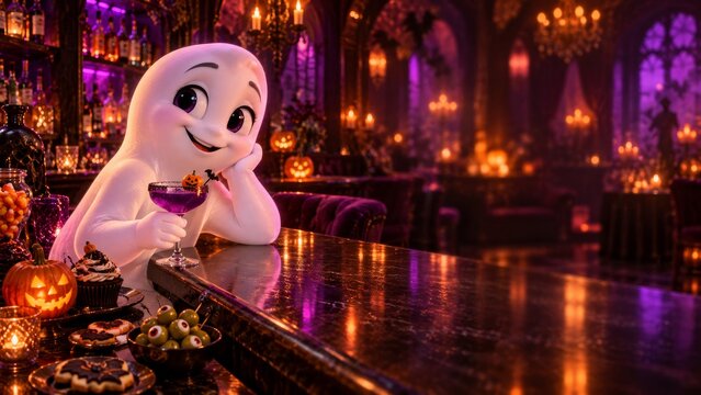 Cartoon ghost enjoys a cocktail at a Halloween bar. Glowing pumpkins, candles, sweets, and gothic decor create a spooky setting. Festive concept with copy space.