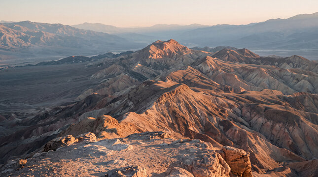 Aerial view of rugged mountain ridges illuminated by warm evening light across a vast wilderness landscape