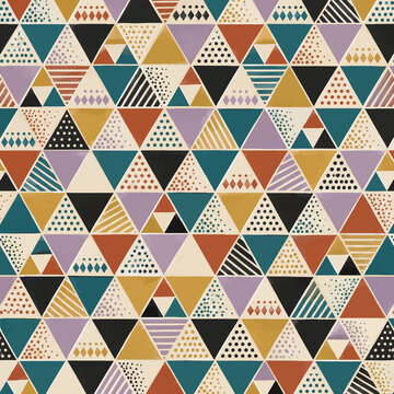 Triangle mosaic in teal mustard and coral seamless textile pattern