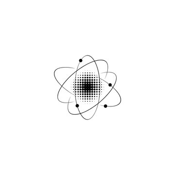 Atom structure symbol with black dots representing scientific research and physics studies.