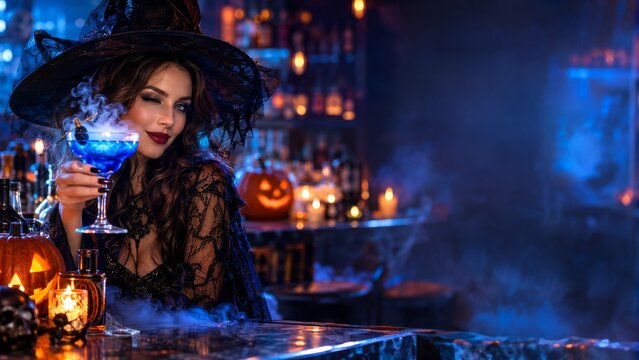Alluring woman in a witch hat winks while holding a smoking blue cocktail. Halloween themed bar setting with jack-o-lanterns and eerie blue smoke fills the scene.