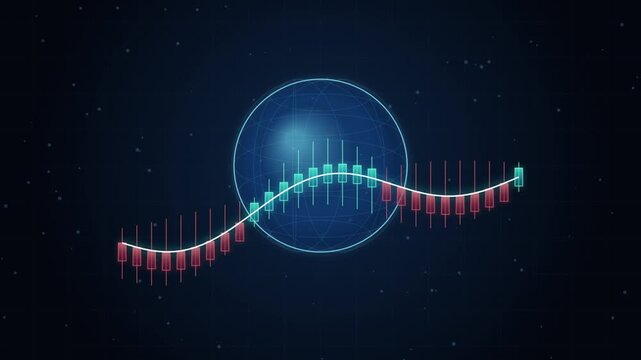 Global Financial Market Data Motion Graphic Featuring Digital Candlestick Chart Patterns Oscillating Around A Glowing Earth Globe Technology Backgroun
