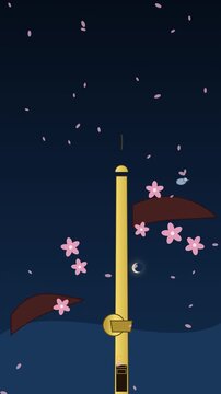 Vertical vector background of falling pink sakura cherry blossom petals over a golden japanese flute and crescent moon under a dark blue night sky