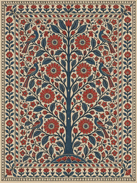 Pen drawn mordant tree of life panel in madder and indigo