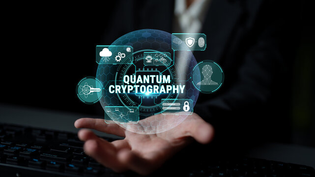 Hands Holding Holographic Display of Quantum Cryptography Concepts with Icons Representing Security, Data Protection, and Technology Innovations Fluxor.