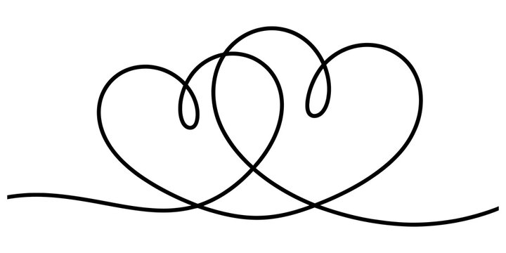 Continuous single line drawing of two connected hearts symbol for romantic love and wedding celebration design element isolated on transparent background