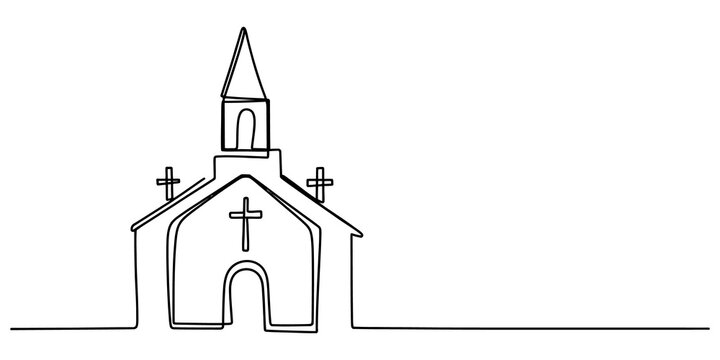 Simple church building drawing in a continuous single line art style isolated on transparent background
