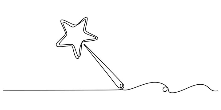 Continuous single line drawing of a magic star wand with a trailing ribbon tail in a simple minimalist art style isolated on transparent background