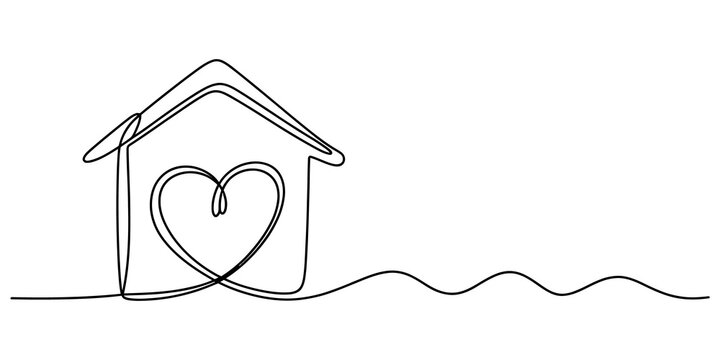 Continuous single line drawing of a small house with a heart shape inside representing a happy loving home concept isolated on transparent background