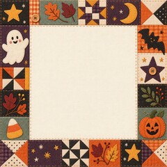 おばけとカボチャのパッチワークを配したハロウィンの正方形フレーム © さな