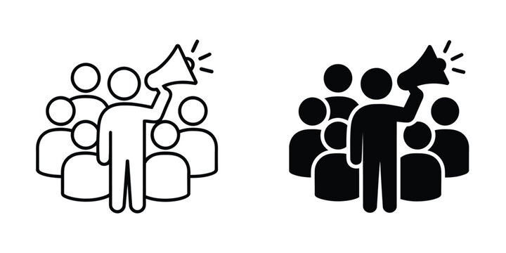 Public speaking and presentation icon set showing a speaker addressing an audience for communication, seminar, and teamwork.