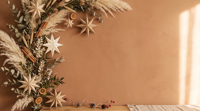 Boho Christmas background with pampas grass arch, paper stars and cinnamon sticks on beige wall, minimalist holiday copy space