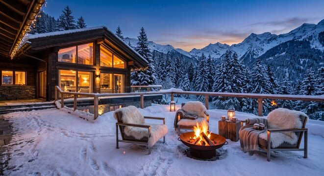 Cozy wooden luxury chalet terrace with burning fire pit and armchairs with fur capes at winter sunset, snowy mountains and pine forest background