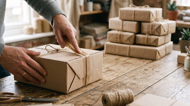 Skilled artisan hands carefully wrapping cardboard package with natural twine string in a rustic workshop setting during a bright day