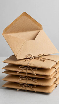 Stack of manila envelopes with string ties, one open