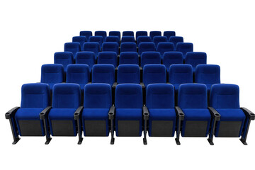 Fototapeta premium Rows of empty blue velvet cinema seats in a movie theater as isolated on transparent background
