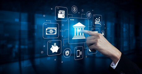 Obraz premium A professional hand interacts with a futuristic digital banking interface filled with financial icons, representing advanced technology and modern finance solutions for users and businesses. Nascent