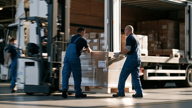 Time exposure style blur of workers rapidly loading pallets into a truck during a timed loading window at a just in time manufacturing facility, speed of logistics, freight
