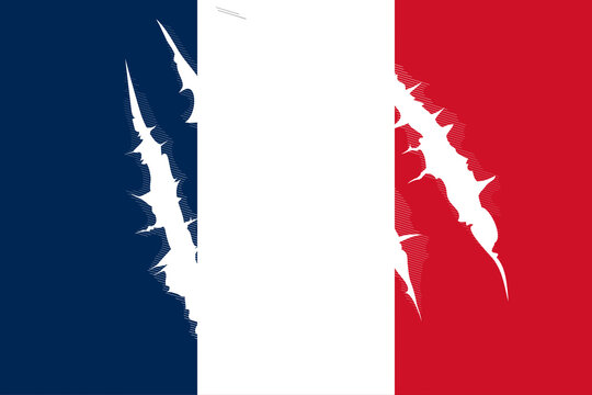 Drapeau officiel de la France &eacute;corch&eacute; avec la partie de la griffure transparente pour illustrer un pays bless&eacute;, meurtri mais pas fini