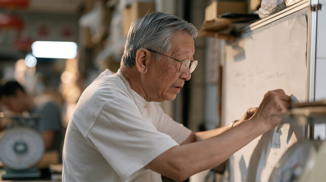 Elderly night watchman brainstorming warehouse patrol improvements on a whiteboard in a vibrant market district storage facility, a precision scale weighing confiscated parcels