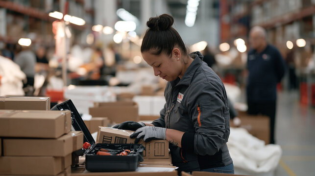 Tarot reader repackaging subscription box fulfillment orders in a bustling warehouse aisle, pausing for a safety check at a junction, an open toolbox on the floor beside stacked