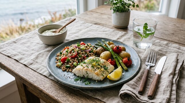 Grilled cod fillet served with fresh grain salad asparagus and roasted tomatoes on a rustic wooden table for lunch meal