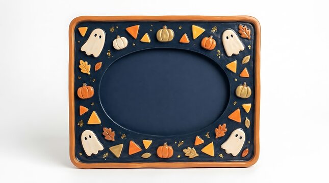 Halloween-themed decorative frame with carved pumpkin and ghost cutouts for seasonal display