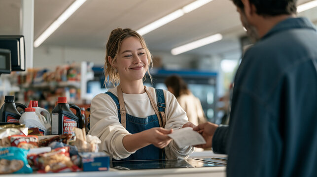 Scottish female petrol station cashier behind a convenience store counter surrounded by snacks, motor oil, and travel essentials, fluorescent interior lighting, customer