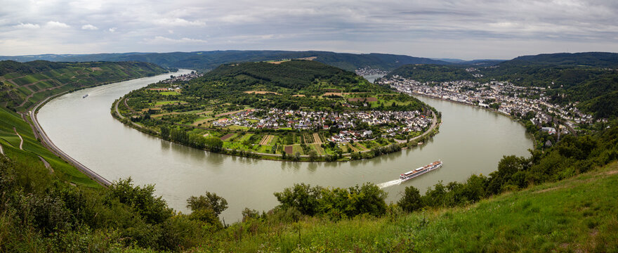Panoramic high angle view of the River Rhine loop and vineyards from Gedeons Eck in Boppard Germany